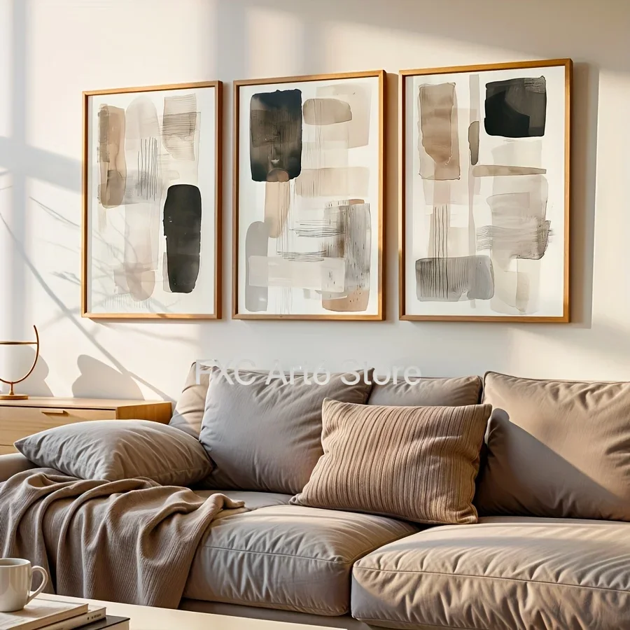 Photography Geometry - 3-teiliger rahmenloser Leinwanddruck in Schwarz-Beige mit